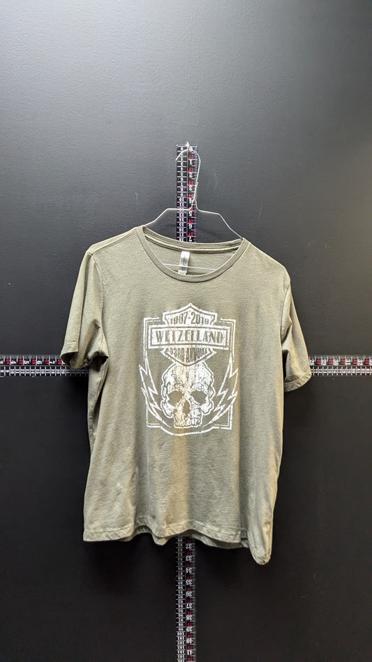 Whizzeland Celebration Skull Graphic T-Shirt Men's Large Olive Green Bella Canvas 1987-2019