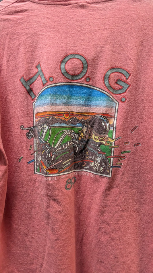 Vintage 1989 H.O.G. Harley Owners Group Henley T-Shirt Men's Large Pink USA Made