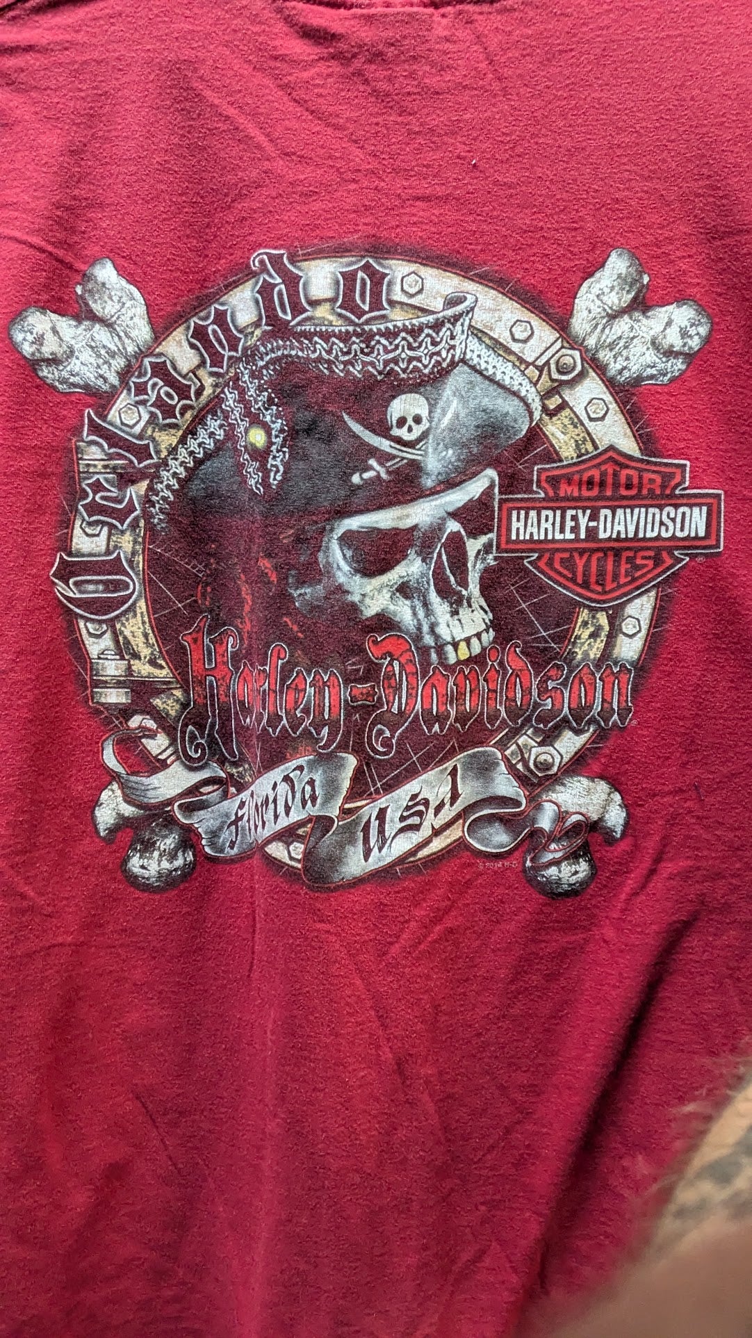 Harley-Davidson T-Shirt Men's XL Red Skull Pirate Graphic Double Sided Biker Tee