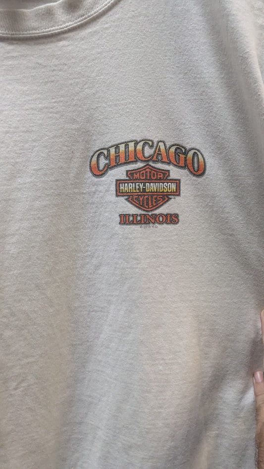 Harley-Davidson T-Shirt Men's White Chicago Illinois Skyline Double Sided Biker Tee