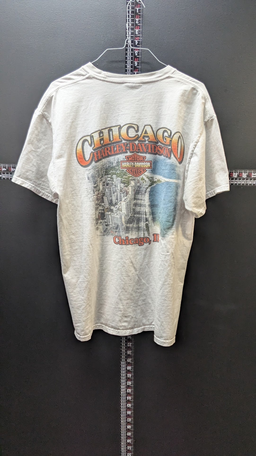Harley-Davidson T-Shirt Men's White Chicago Illinois Skyline Double Sided Biker Tee