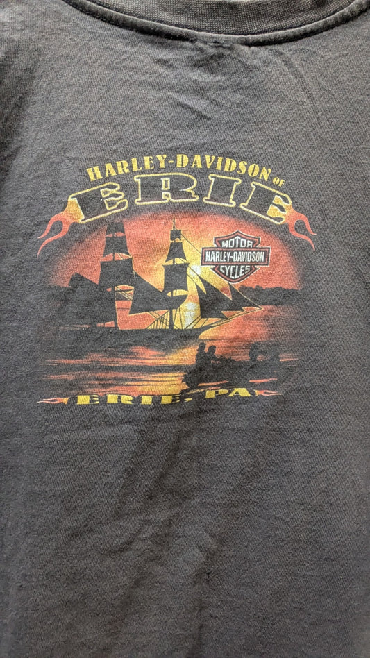 Harley-Davidson of Erie PA T-Shirt Men's Gray Eagle Pirate Ship Double Sided USA