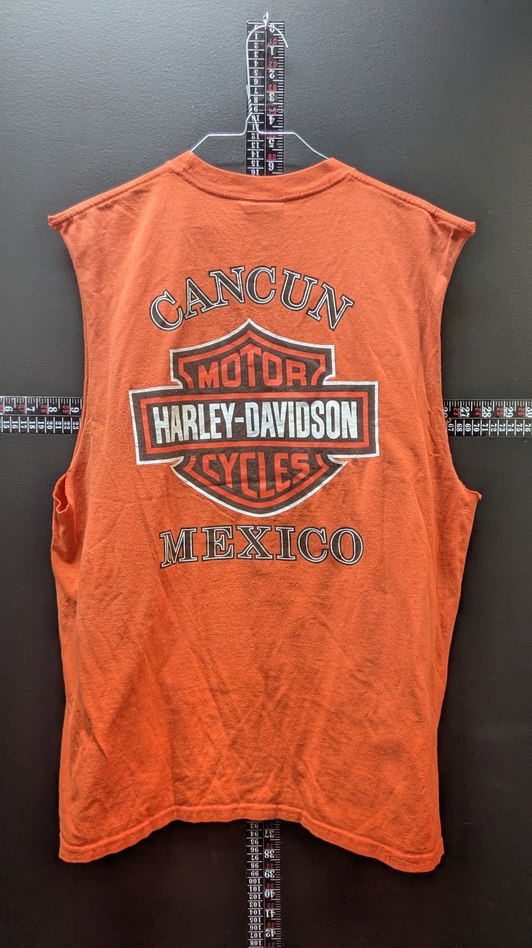 Harley-Davidson Cancun Mexico Cut Off Sleeveless T-Shirt Men's XL Orange Double Sided