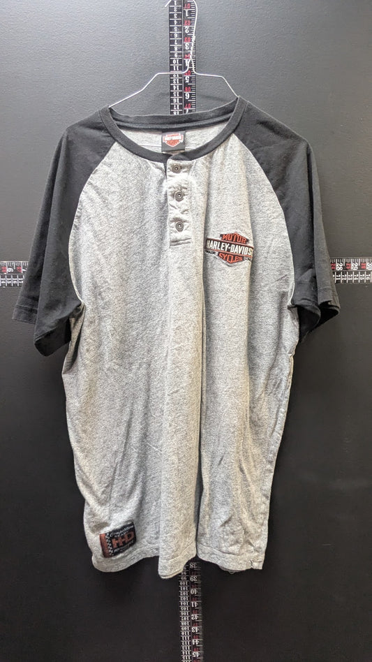 Harley-Davidson Henley Shirt Men's XL Gray Black Raglan Short Sleeve Embroidered Bar Shield