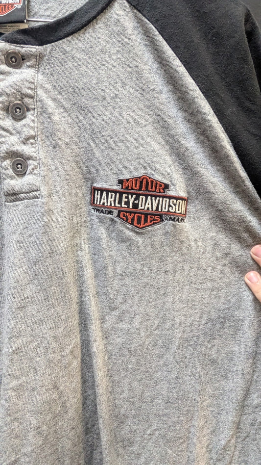 Harley-Davidson Henley Shirt Men's XL Gray Black Raglan Short Sleeve Embroidered Bar Shield