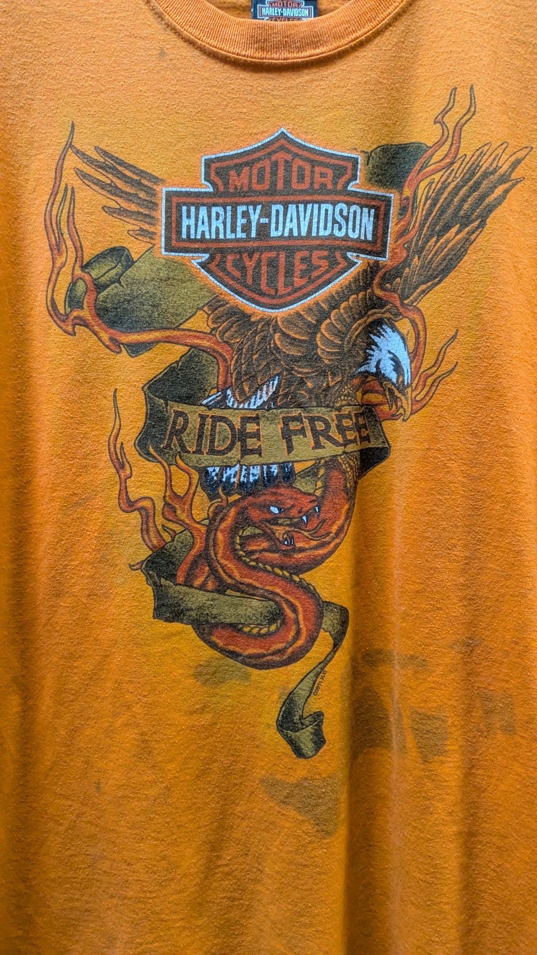 Harley-Davidson Oakland CA T-Shirt Men's Large Orange Ride Free Eagle Snake Double Sided