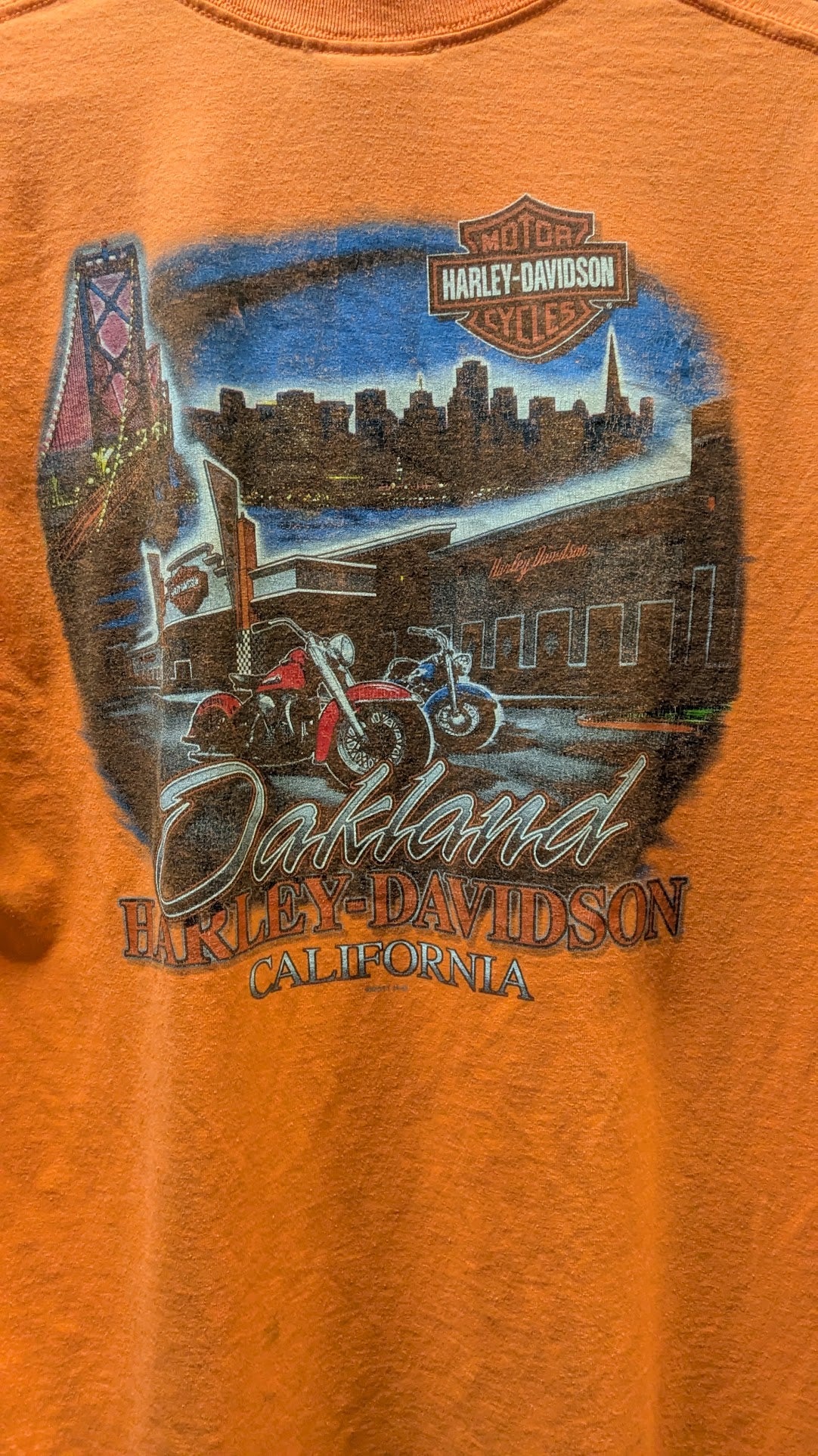 Harley-Davidson Oakland CA T-Shirt Men's Large Orange Ride Free Eagle Snake Double Sided