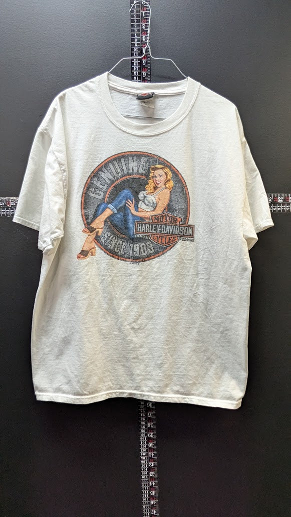 Vintage Harley-Davidson Pin-Up Girl T-Shirt Men’s Large White Double Sided