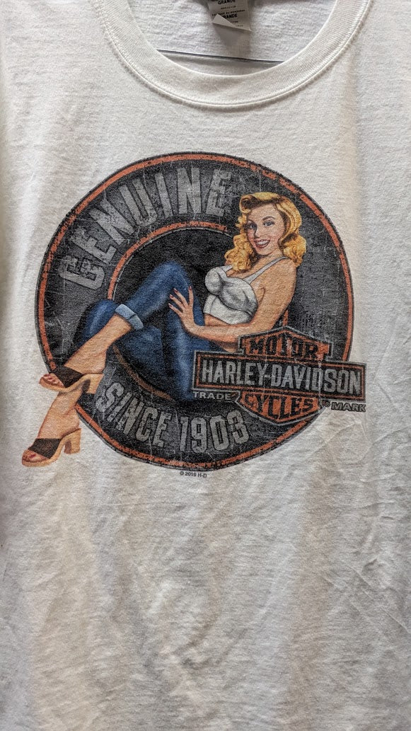 Vintage Harley-Davidson Pin-Up Girl T-Shirt Men’s Large White Double Sided
