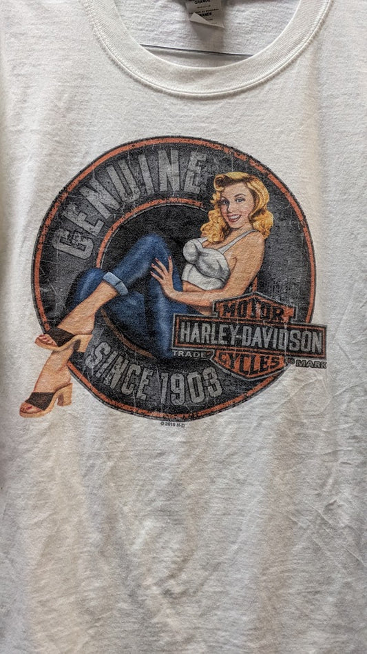Vintage Harley-Davidson Pin-Up Girl T-Shirt Men’s Large White Double Sided