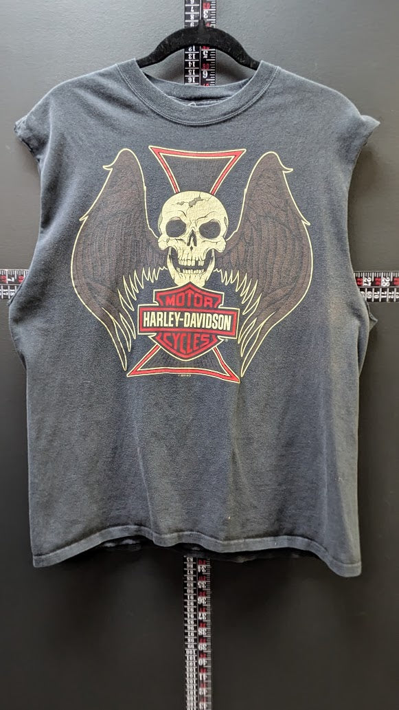 Vintage Harley-Davidson Skull Wing Sleeveless T-Shirt Men’s Black Double Sided