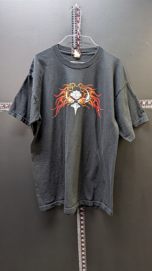 Vintage Harley-Davidson Skull Flames T-Shirt Men's XL Black Double Sided Alamo City Texas
