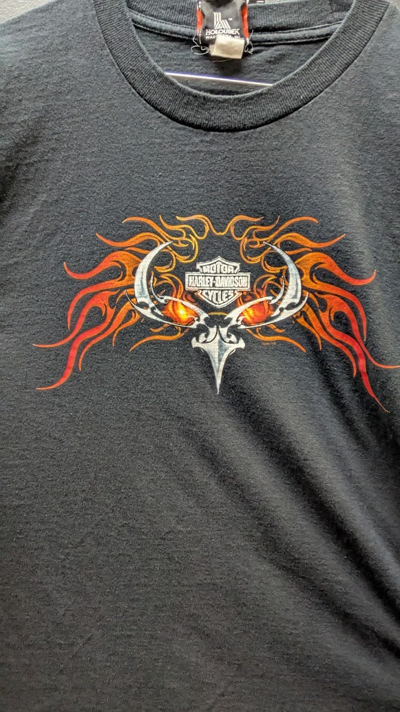 Vintage Harley-Davidson Skull Flames T-Shirt Men's XL Black Double Sided Alamo City Texas
