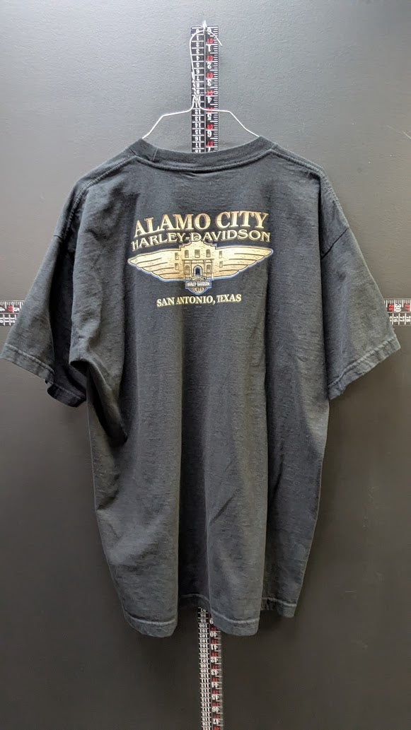 Vintage Harley-Davidson Skull Flames T-Shirt Men's XL Black Double Sided Alamo City Texas