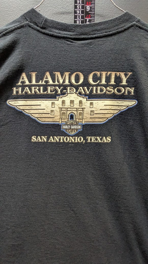 Vintage Harley-Davidson Skull Flames T-Shirt Men's XL Black Double Sided Alamo City Texas