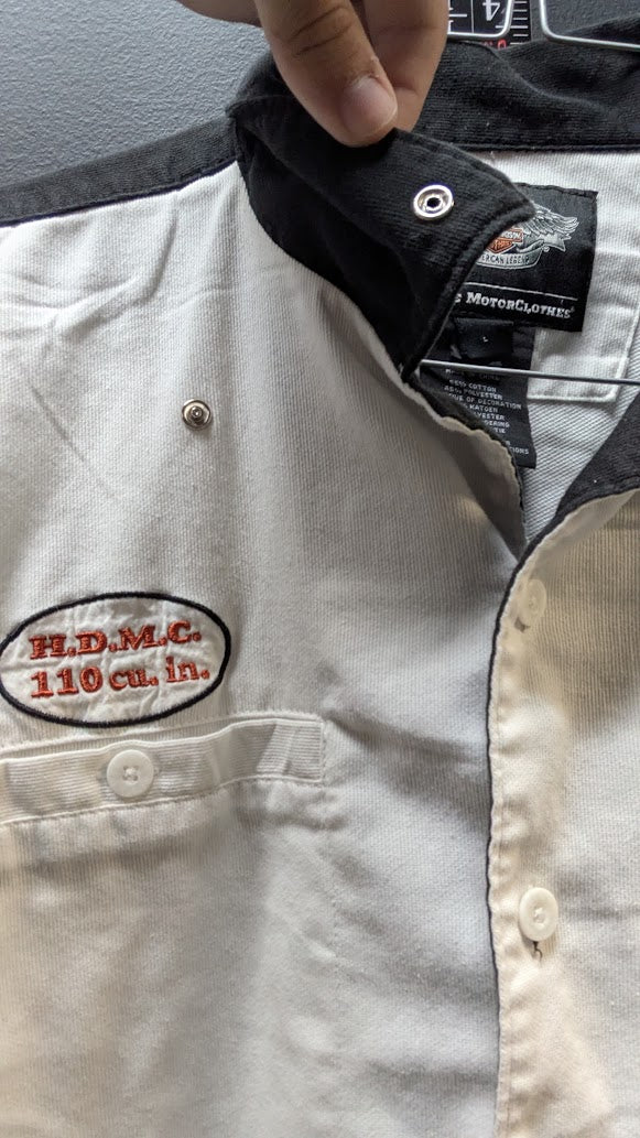Harley-Davidson Genuine MotorClothes Mechanic Shop Shirt Men's Large White Black Button Up
