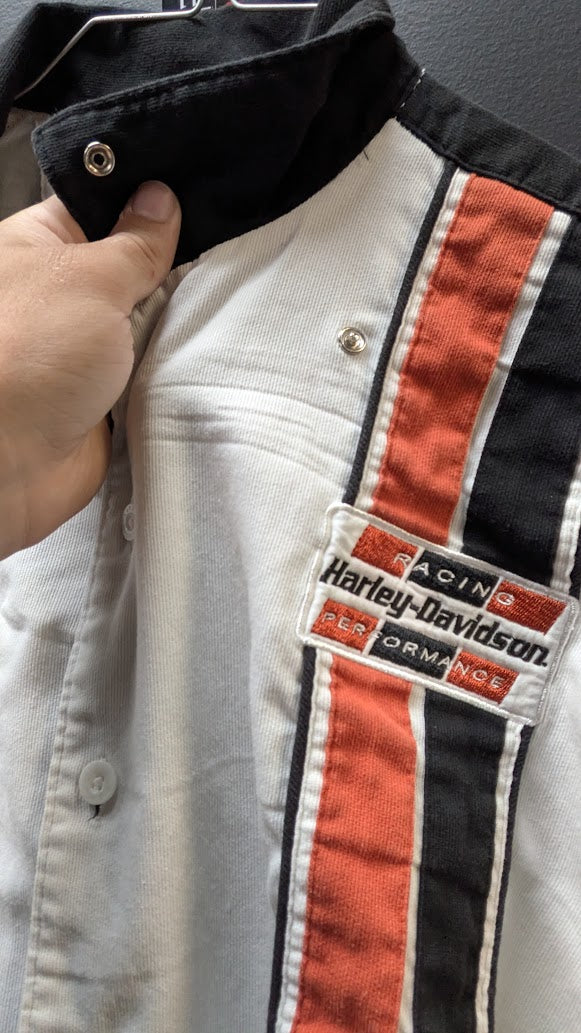 Harley-Davidson Genuine MotorClothes Mechanic Shop Shirt Men's Large White Black Button Up