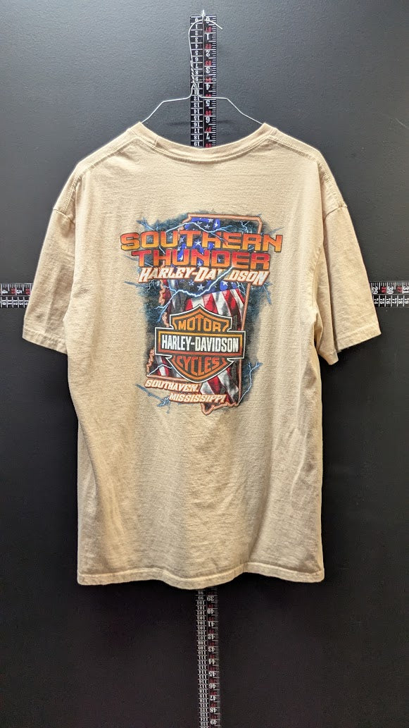 Harley-Davidson Legendary Classic T-Shirt Men's Large Tan Southern Thunder Mississippi Double Sided