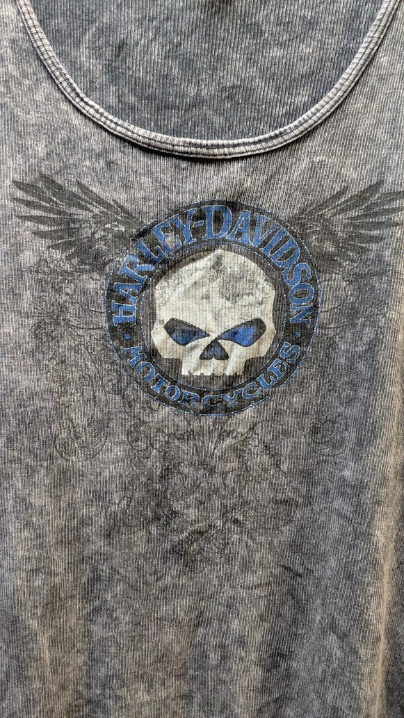 Harley-Davidson Skull Wing Tank Top Men's 2XL Gray Acid Wash Sleeveless Ribbed