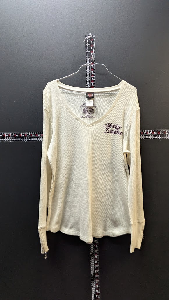 Harley-Davidson Women's Waffle Knit Thermal Shirt XL Ivory V-Neck Fond Du Lac WI