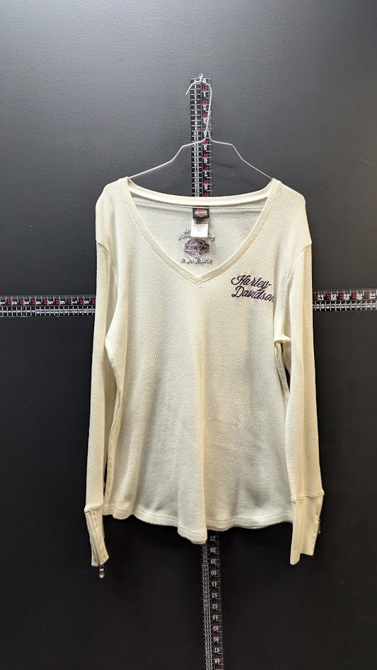 Harley-Davidson Women's Waffle Knit Thermal Shirt XL Ivory V-Neck Fond Du Lac WI