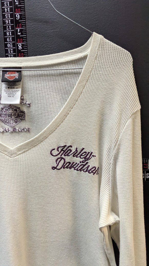 Harley-Davidson Women's Waffle Knit Thermal Shirt XL Ivory V-Neck Fond Du Lac WI