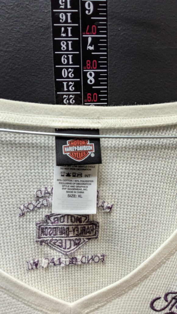 Harley-Davidson Women's Waffle Knit Thermal Shirt XL Ivory V-Neck Fond Du Lac WI