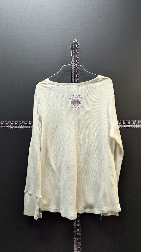 Harley-Davidson Women's Waffle Knit Thermal Shirt XL Ivory V-Neck Fond Du Lac WI