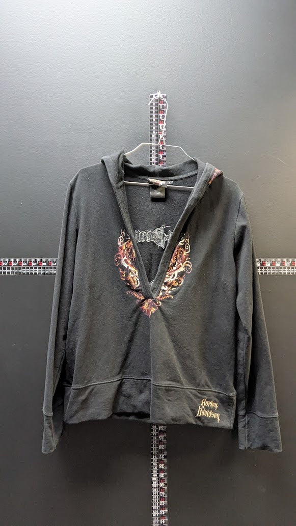 Harley-Davidson Women's Hooded Sweatshirt Large Black Skull Wings Pullover Hoodie