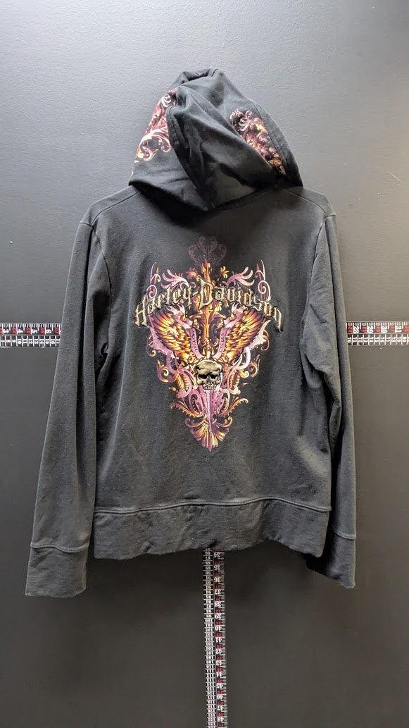 Harley-Davidson Women's Hooded Sweatshirt Large Black Skull Wings Pullover Hoodie