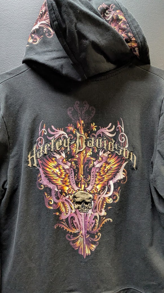 Harley-Davidson Women's Hooded Sweatshirt Large Black Skull Wings Pullover Hoodie