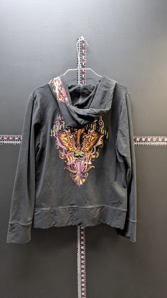 Harley-Davidson Women's Hooded Sweatshirt Large Black Skull Wings Pullover Hoodie