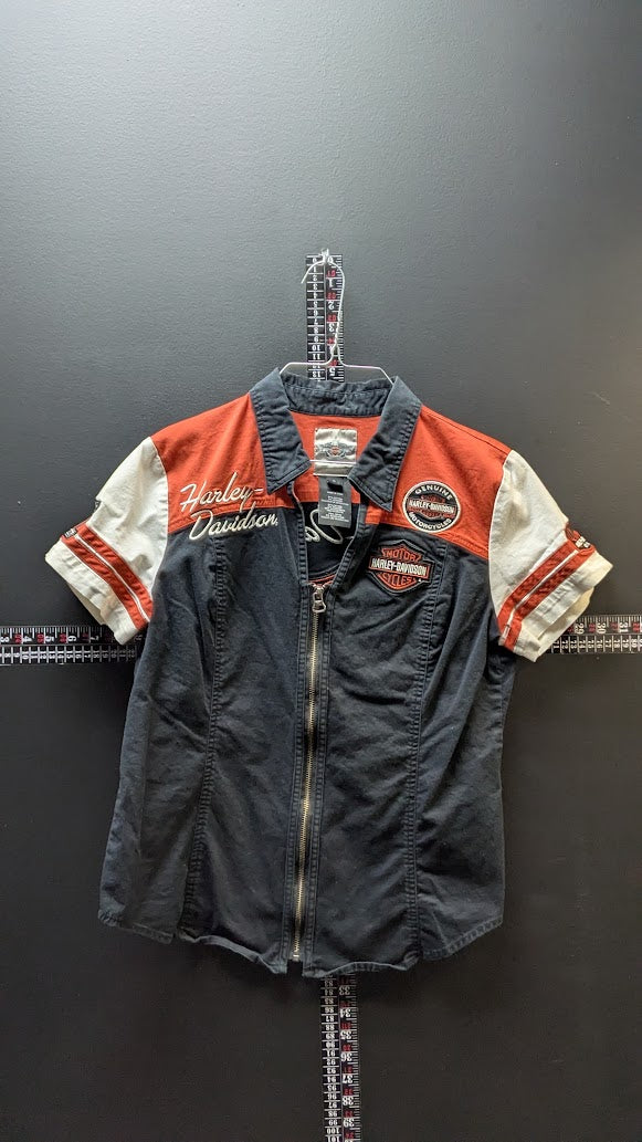 Harley-Davidson Women's Button Shirt Large Black Orange Zip Motorcycle Riding Top