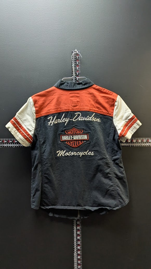 Harley-Davidson Women's Button Shirt Large Black Orange Zip Motorcycle Riding Top