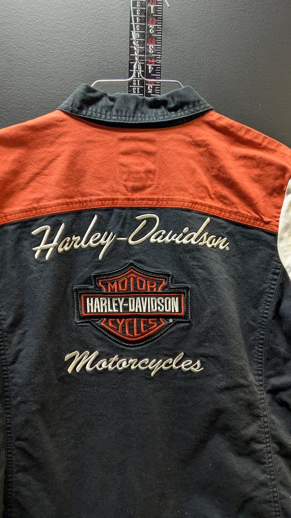 Harley-Davidson Women's Button Shirt Large Black Orange Zip Motorcycle Riding Top