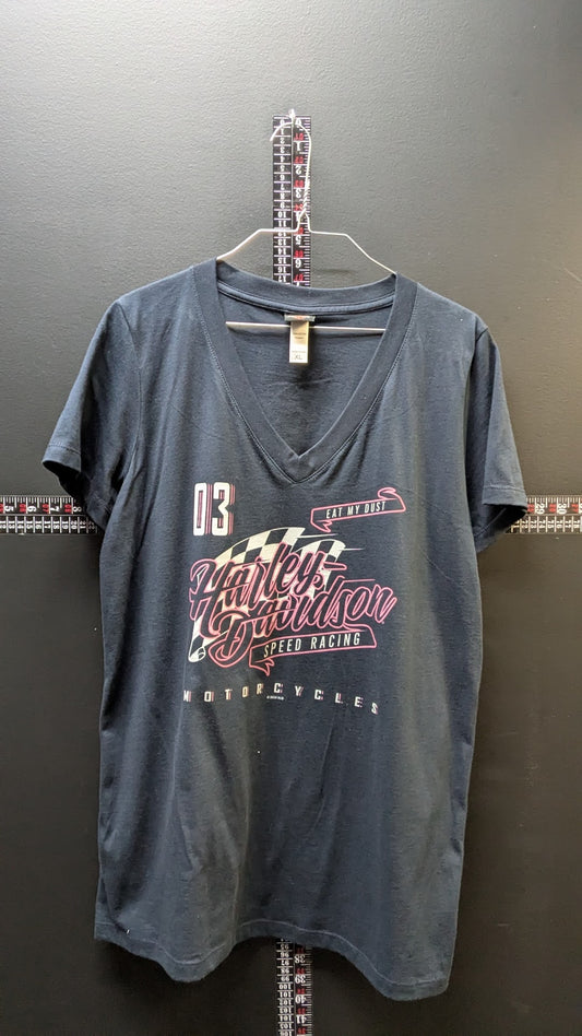 2003 Harley-Davidson Women's XL V-Neck T-Shirt Black Speed Racing Buckeye Dayton Ohio
