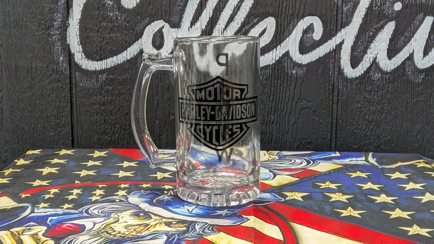 Harley-Davidson Glass Beer Stein Mug Bar & Shield Papaw Etched Heavy Glass 16 oz
