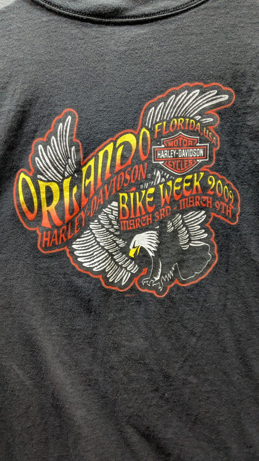 2002 Harley-Davidson Orlando Bike Week T-Shirt Men's 2XL Black Double Sided Eagle Tee