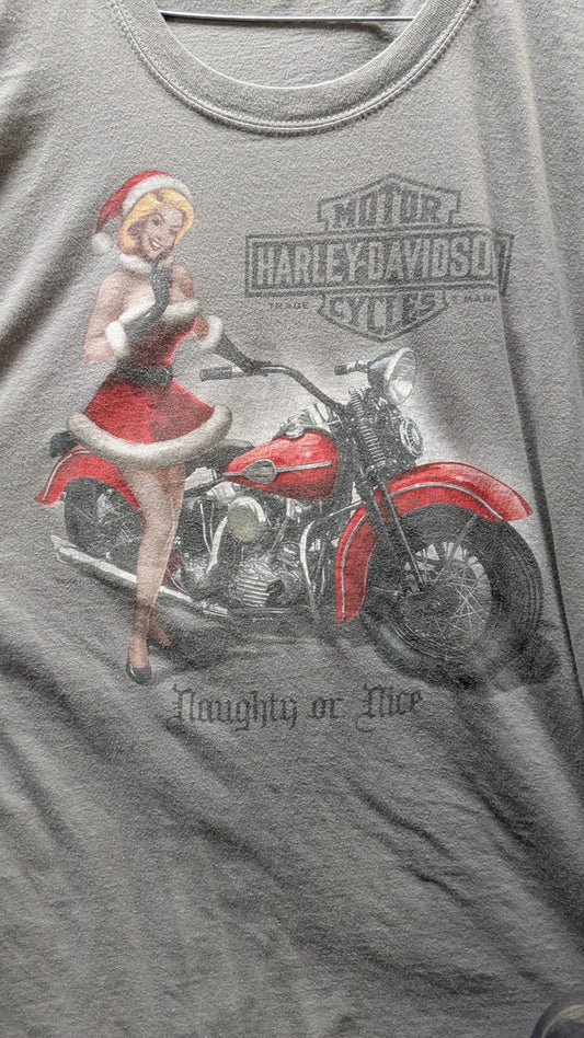 2008 Harley-Davidson Naughty Or Nice T-Shirt Men's Gray Santa Pin Up Aces & Eights L