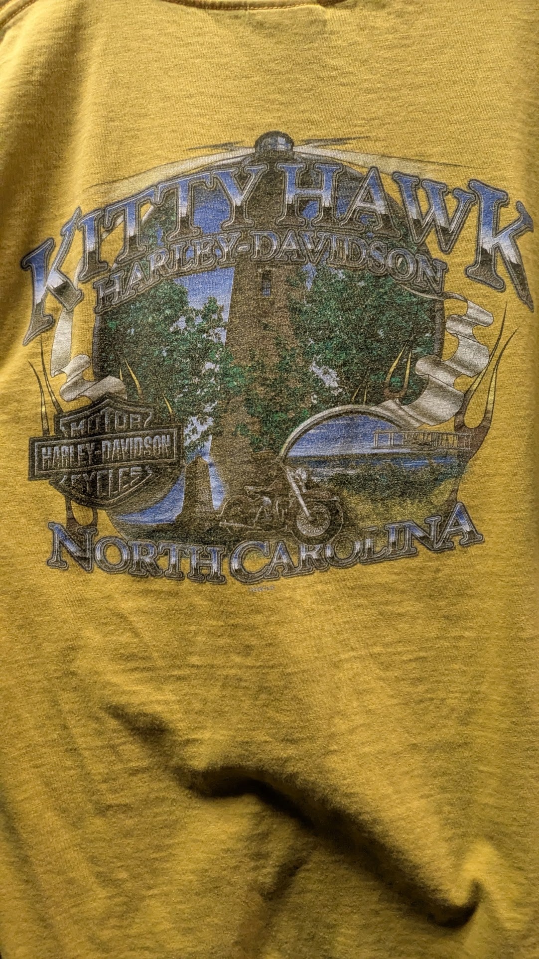 2009 Harley-Davidson Kitty Hawk North Carolina Pocket T-Shirt Mustard Yellow Size Medium