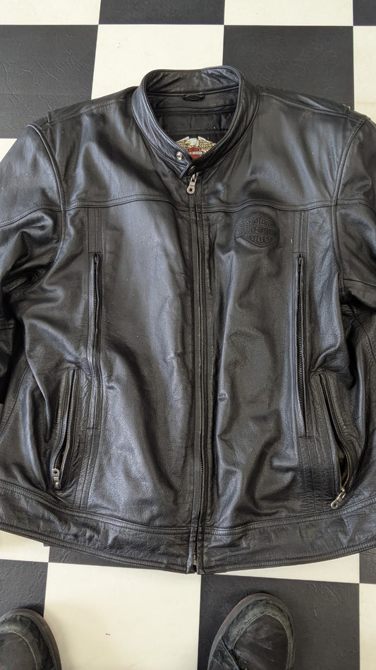 Harley-Davidson Men's Black Leather Riding Jacket with Removable Liner & Armor – Size 2XL