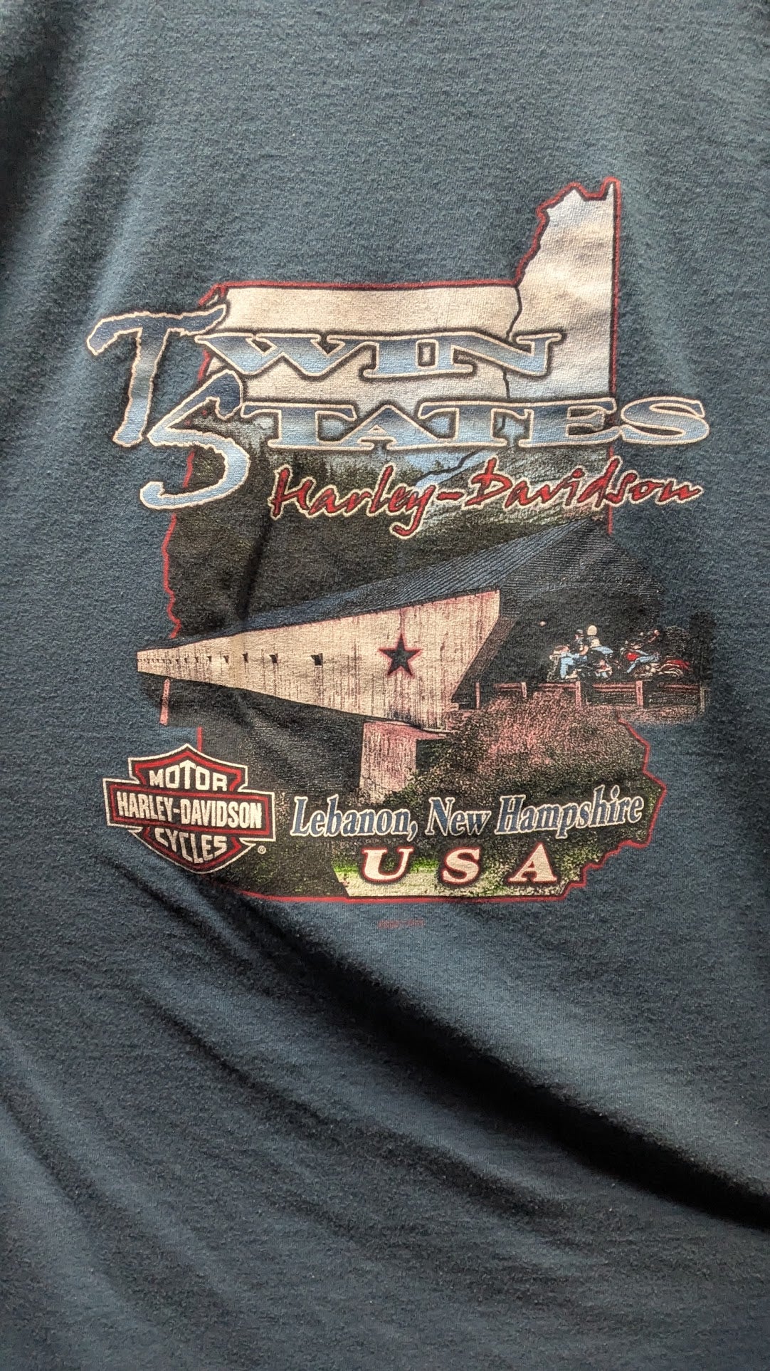 2001 Harley-Davidson Twin States Lebanon New Hampshire T-Shirt – Blue – Size Large
