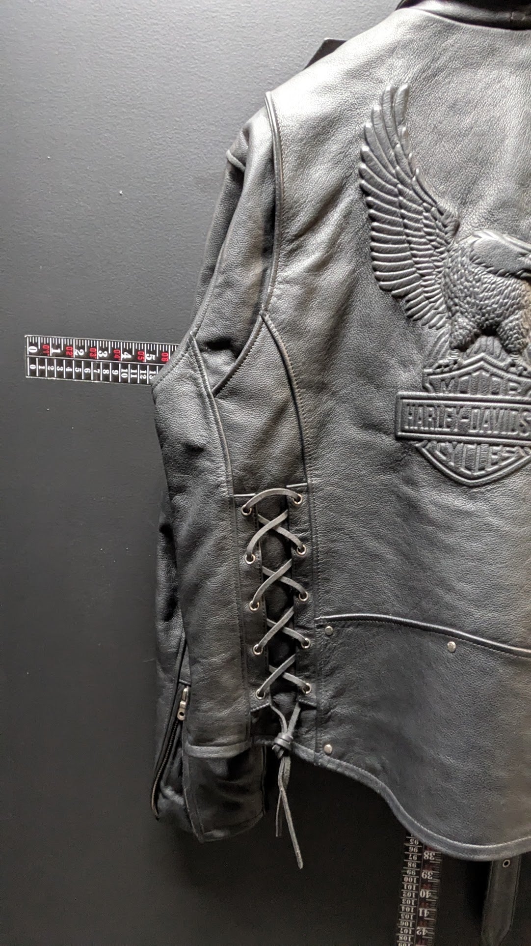 Harley-Davidson Black Leather Motorcycle Jacket Lace-Up Eagle Back Large