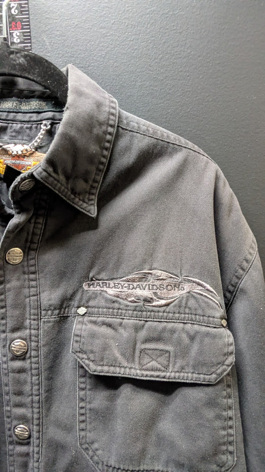 Harley-Davidson Fleece Lined Canvas Shirt Jacket Black Men's Medium Snap Front