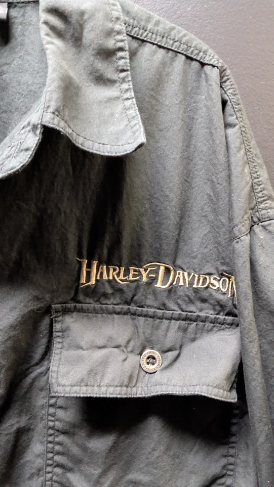 Harley-Davidson Black Button-Up Shirt Men's XL Eagle Flame Back Graphic Cotton