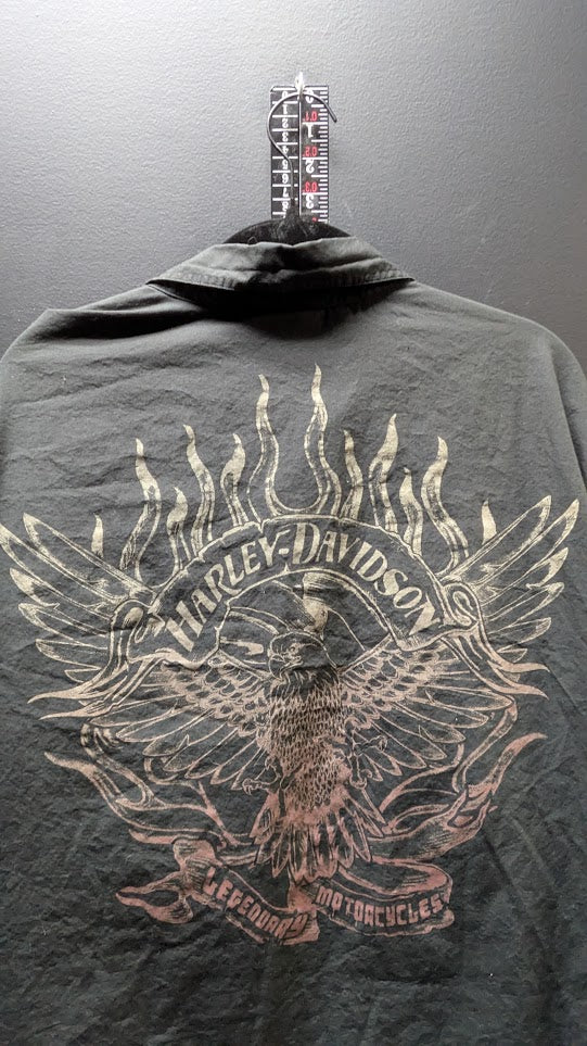 Harley-Davidson Black Button-Up Shirt Men's XL Eagle Flame Back Graphic Cotton