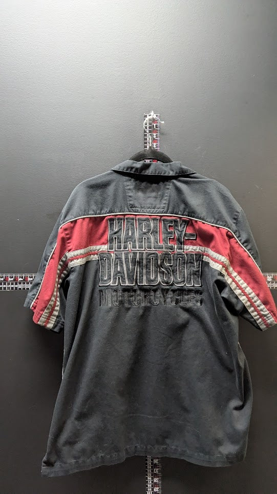 Harley-Davidson Men's Bowling Style Button-Up Work Shirt Black Burgundy Large