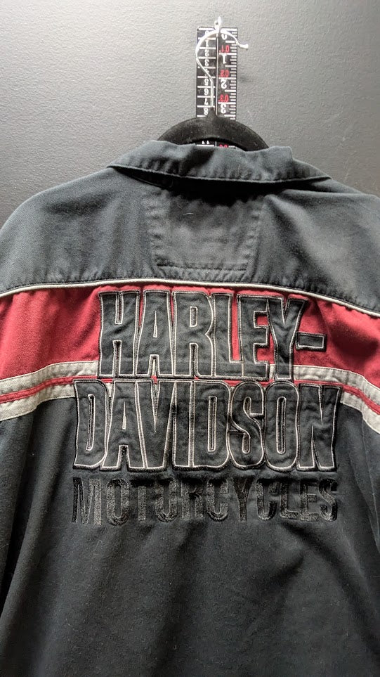 Harley-Davidson Men's Bowling Style Button-Up Work Shirt Black Burgundy Large