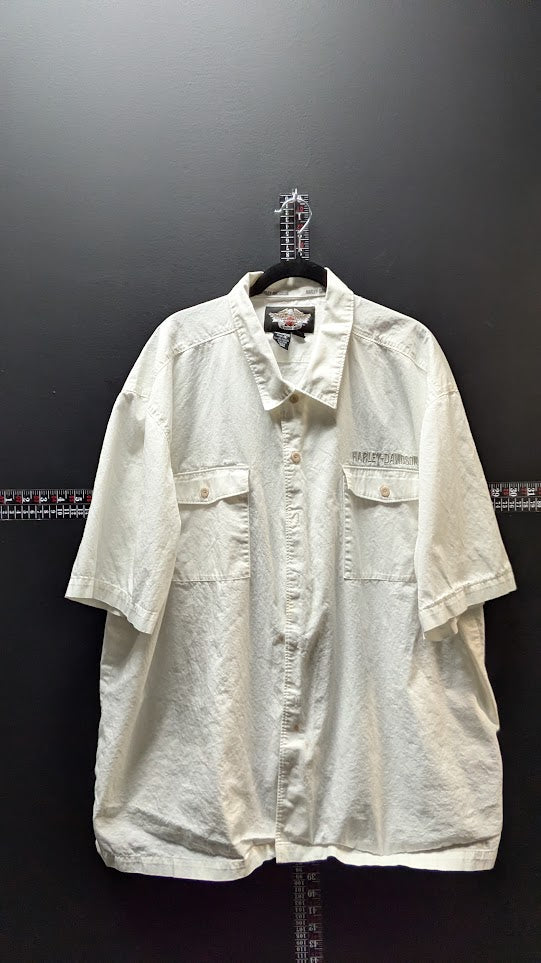 Harley-Davidson Men's Eagle Button-Up Shirt 2XL White Short Sleeve Embroidered Graphic