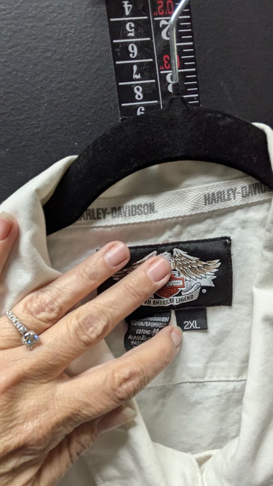 Harley-Davidson Men's Eagle Button-Up Shirt 2XL White Short Sleeve Embroidered Graphic